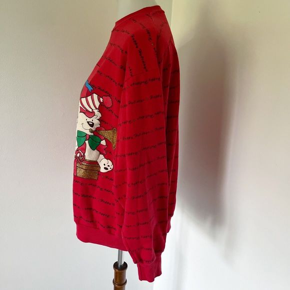 Vintage 90s Holiday Time Red Ugly Puff Paint Pullover Popover Sweatshirt Sweater - Picture 10 of 16